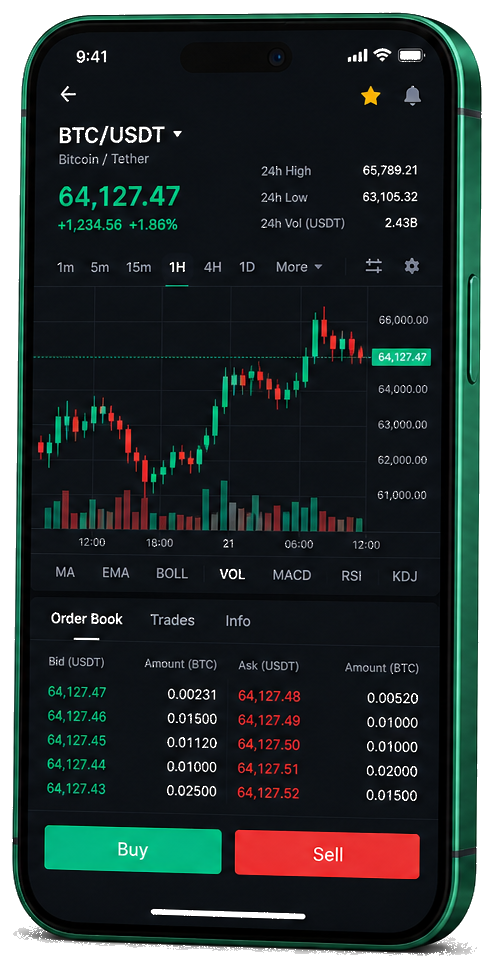 DrenmorPondvale app for mobile — live BTC/USDT graph, order book, and trade dashboard
